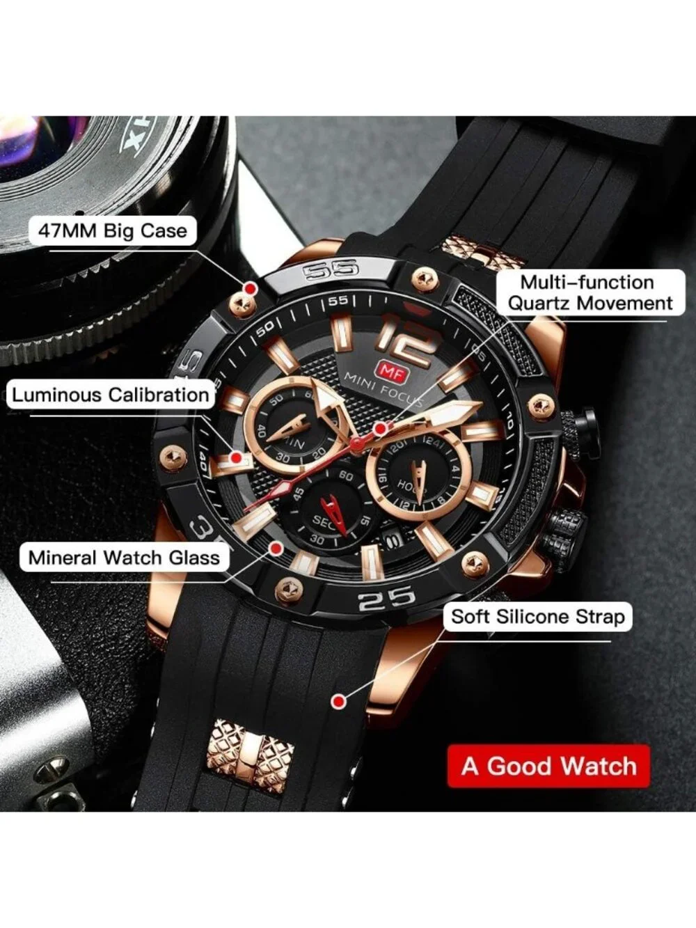 Men's Black Silicon Band Chronograph Waterproof Luminous Unique Casual Watch - Picture 3 of 6